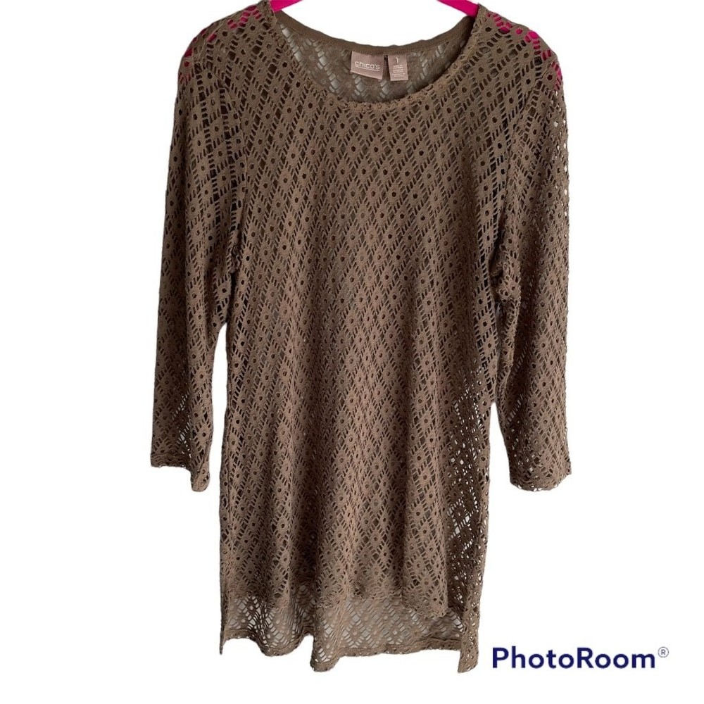 CHICO'S Brown 3/4 Sleeve‎ Open Knit Ladies Career Beach Casual Tunic, 1/M